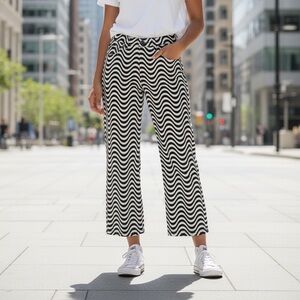 The Ragged Priest Black and White Wave Psychedelic Groovy Raw Hem Wide Leg Jeans